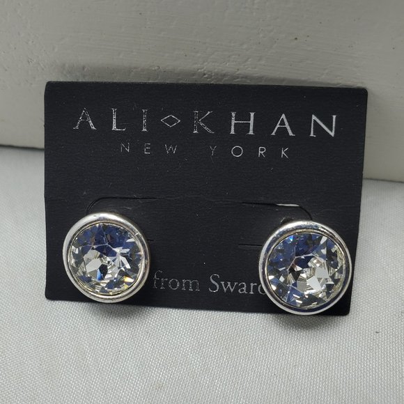 Ali Khan Swarovski crystal round earring silver - Picture 2 of 3